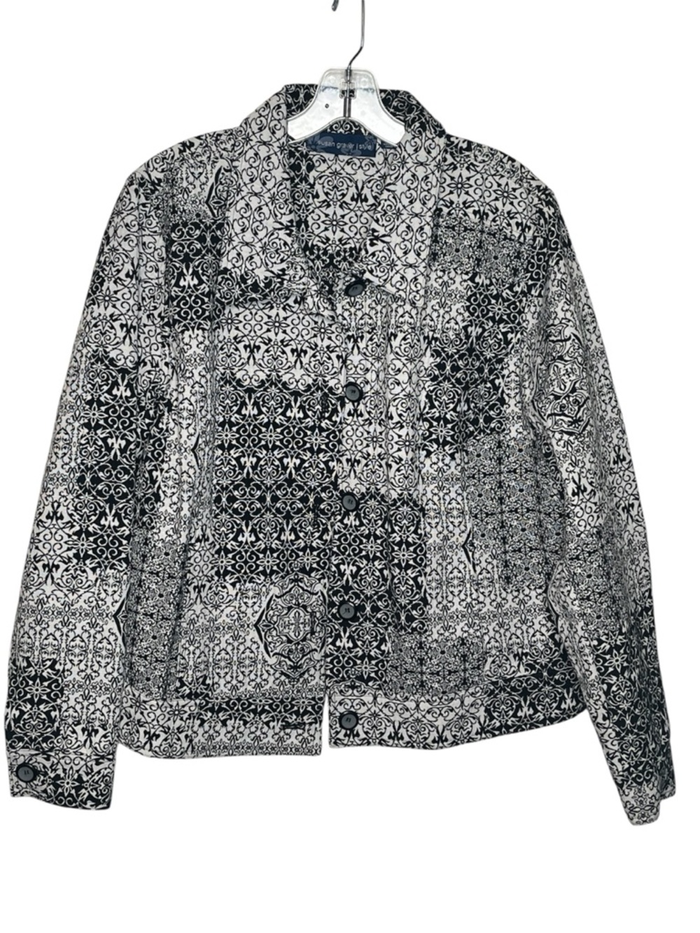 Susan Graver Style Sz L Black & White Damask Button Down Jacket Monochrome